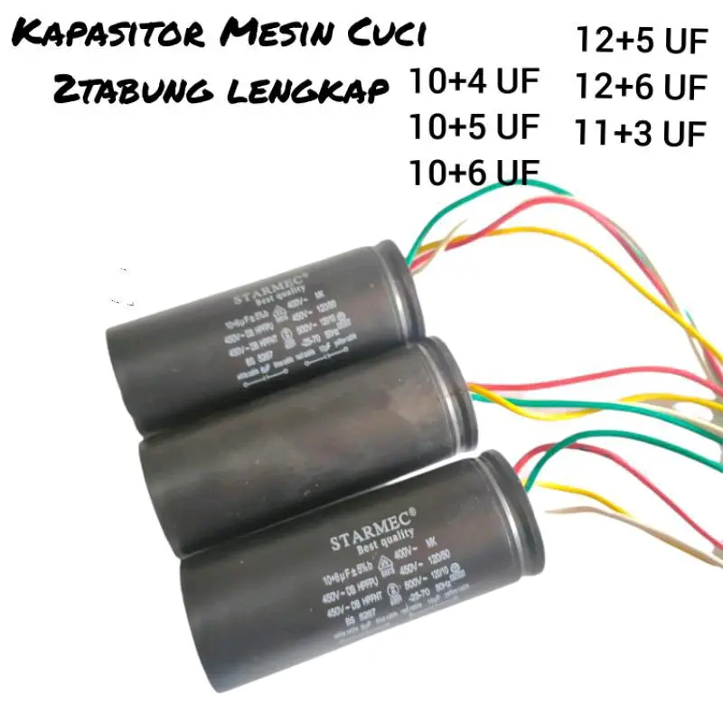 Kapasitor  ,  Capasitor , Mesin Cuci  , 2 tabung  , 4+8 , 4+10 , 4+12 , 5+12 , 5+10 , 6+10 , 6+12 , 6+14  UF  4 kabel