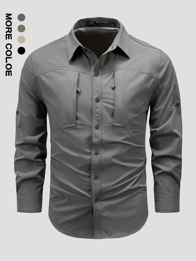Product Introduction of Men's Solid Long Sleeve Button Up Shirt, Regular Fit Casual Quick Drying Breathable Sports Top for Outdoor Activities, Men's Clothes for All Seasons, Menswear 5