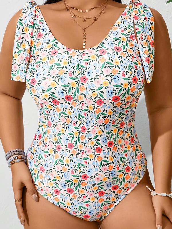 【Plus Size】 Ditsy Floral Print Tie Shoulder Bikini Swimsuit, Casual Sleeveless One-piece Swimwear for Beach Holiday Vacation, Women's Swimsuit for All Seasons, Swim Bodysuit 4