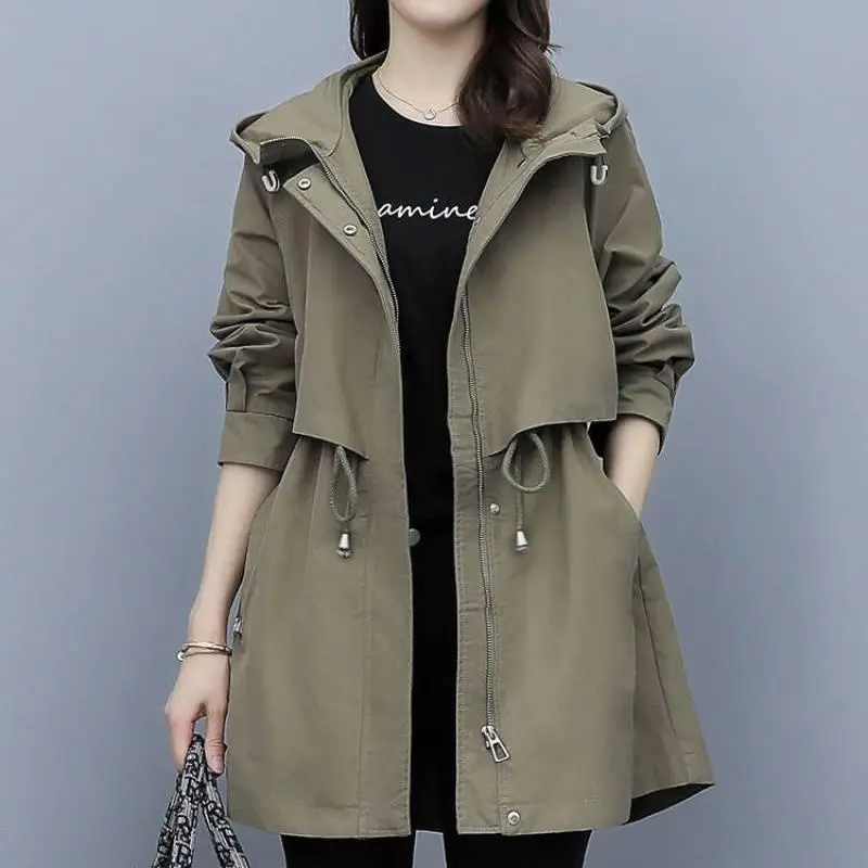 Plus Size S-4XL Women Trench Jacket Short Hooded Chic Spring Autumn Fashion Casual Elegant Slim Loose Windbreaker Coat Outerwear Black Khaki Blue Green