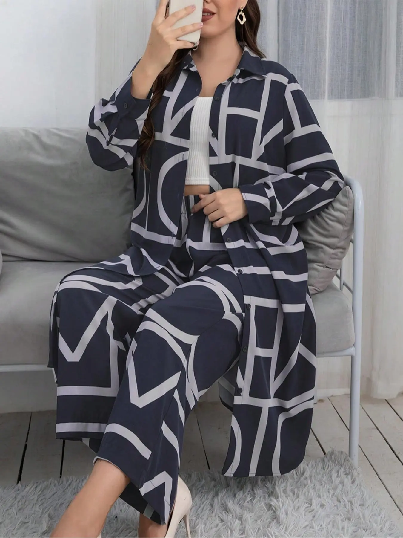 Women's Plus Size Two-piece Set Geometric Print Long Sleeve Button Down Shirt & Wide Leg Pants Set, National Day Clothing, Casual Spring & Fall Clothes for Ladies Outdoor, Co-ords Set