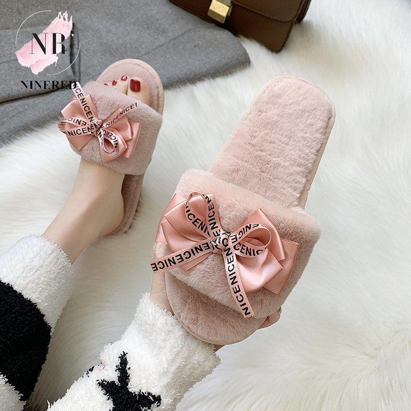 Dép Lông Đính Nơ NICE Đế Sao Su Đi Trong Nhà, Dạo Phố Xinh Xắn D127