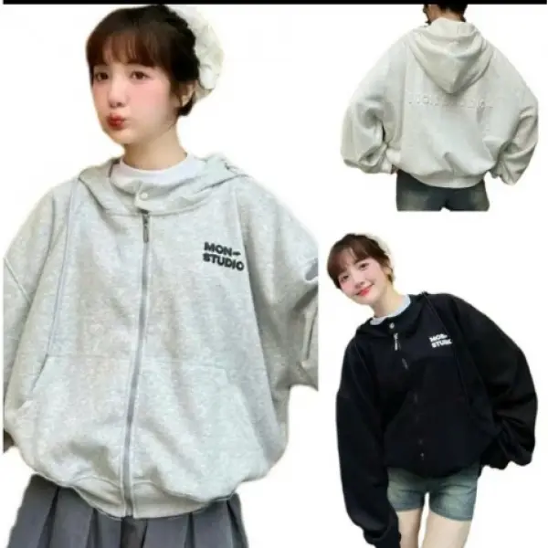 HOTÁo Khoác Hoodie Mon Studio BOXY Zip, Có Nút Bấm, Hình In Dập Nổi Có Túi Trong Thời Trang Jeanstore Nhung Nữ Women Top