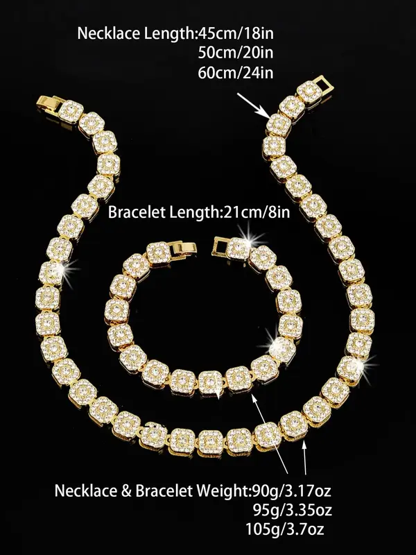 Men's Hip Hop Classic Small Square Rhinestone Jewelry Set, 1 Set/2pcs Sparkly Rhinestone Decorated Necklace & Bracelet Set, Streetwear Accessories, Fashion Matching Jewelry Gift for Men 4