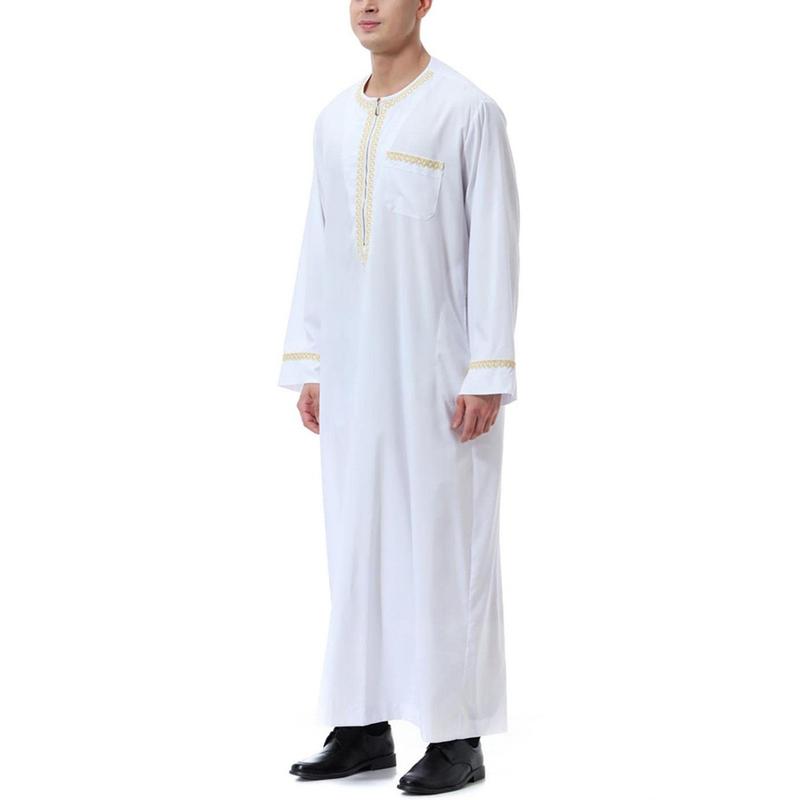 Product Introduction of Men'S Muslim Shirt Kaftan Islamic Royalty Dubai Robe O-Neck Long Sleeve Retro Tunics Abaya Arabic Traditional Costume Men'S Robe 19