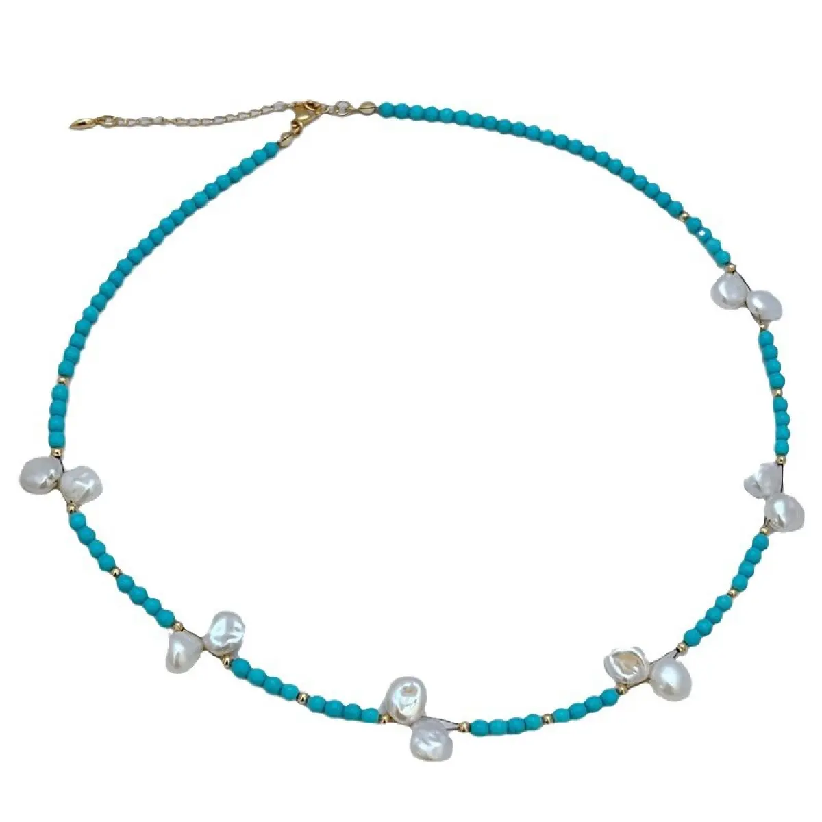 New Chinese Retro Natural Turquoise Necklace Freshwater Pearl Small Rice-Shaped Beads Beaded Clavicle Chain Women's Light Luxury Necklace