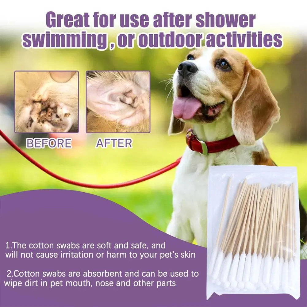 100pcs Cotton Pet Ear Buds for Dogs Cats Ear Cleaning Mite Removal Stick with Woof Cotton and J2W5