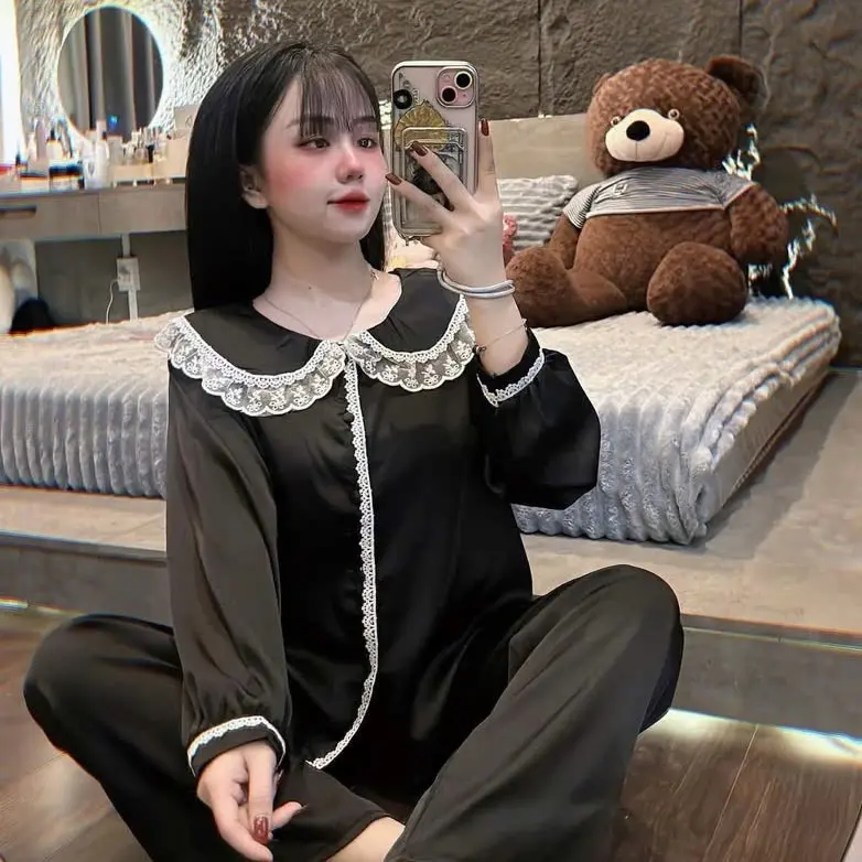 Set Bộ Pijama Lụa Latin Cổ Tròn Bèo Phối Ren Tiểu Thư Nhẹ Nhàng Nút Đính Đá Sang Trọng Free Size 40-62kg  m11
