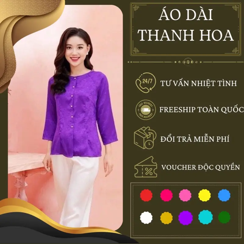 Áo Bà Ba nữ lụa gấm cao cấp đi lễ chùa cổ tròn trang nhã., mềm mịn dài tay - Áo dài Thanh Hoa