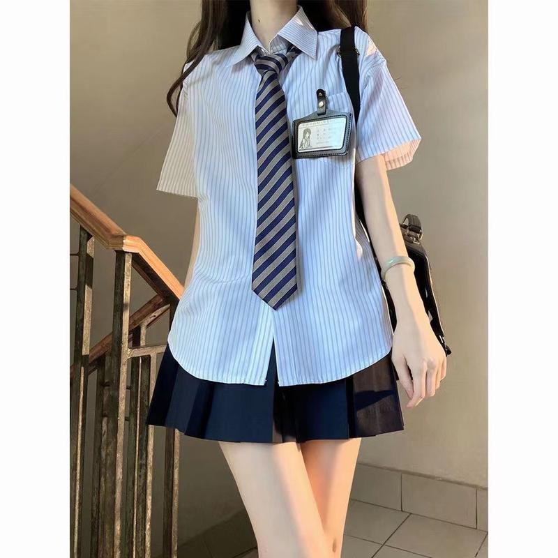 Product Introduction of Three-Piece Summer New Japanese College JK Striped Shirt Short Sleeve Student All-Matching Pleated Skirt Anti-Aging Outfits 13
