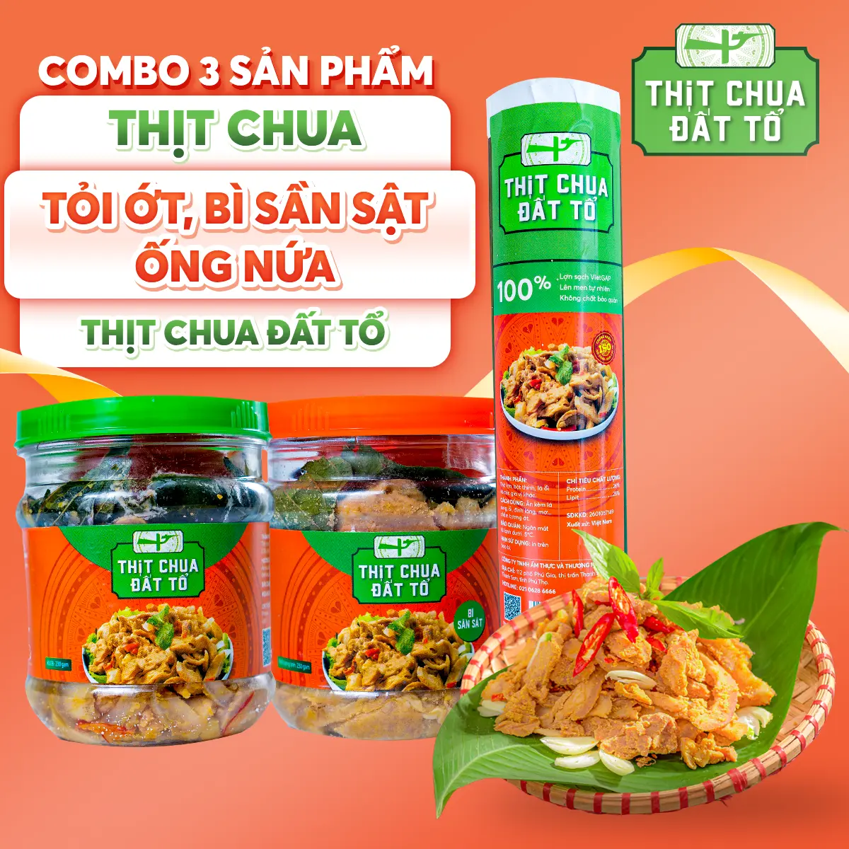 Thịt Chua Đất Tổ - Combo 3 Thịt Chua Đất Tổ (1 Ống Thịt chua, 1 Hộp tỏi ớt, 1 Hộp bì sần sật)