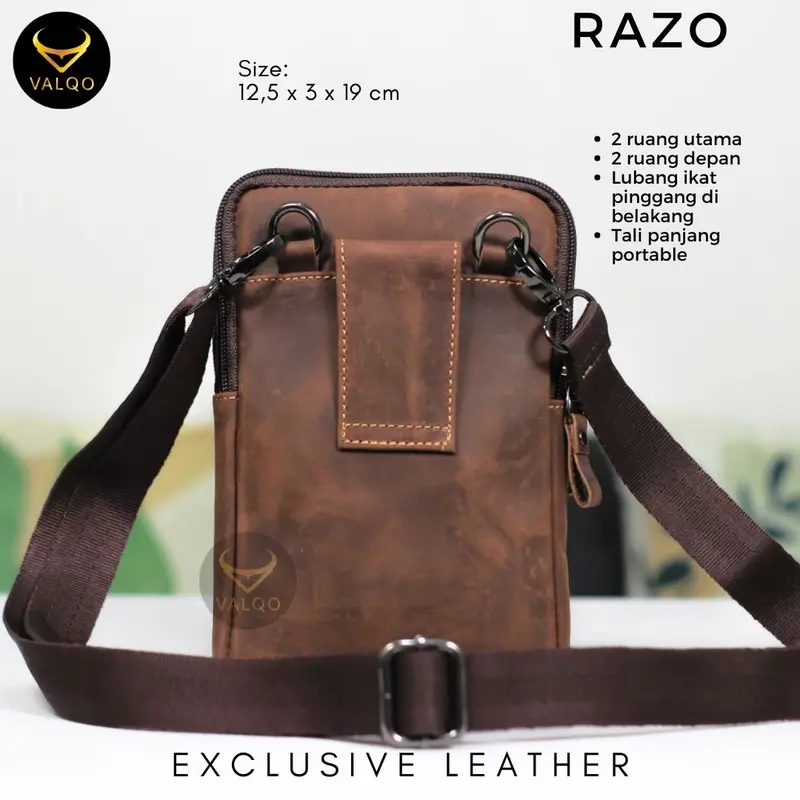 [VALQO] RAZO Tas Kecil Mini Kulit Sapi Selempang Slingbag Kecil Mini Tas HP Hitam 2