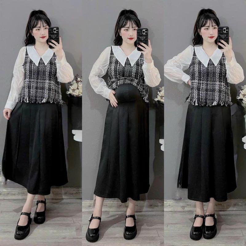 chân váy bầu xếp ly vải dáng dài công sở Women Nữ