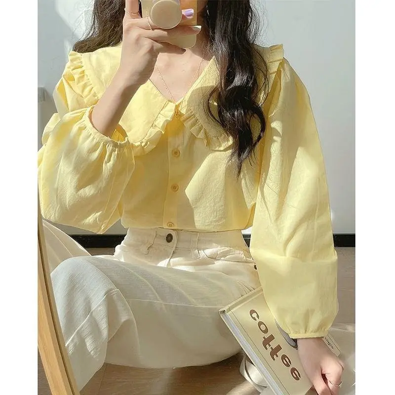 Áo Sơ Mi Nữ Dài Tay Cổ Búp Bê Màu Vàng Kem Phong Cách Cổ Điển Thời Trang Xuân CH0021 Women Top Shirt
