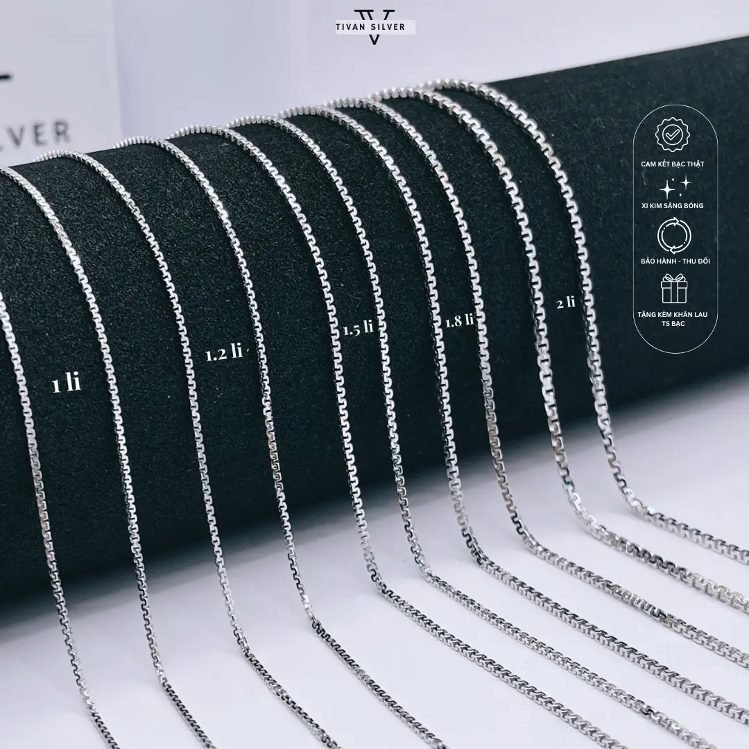 Dây Chuyền Bạc Xi Kim Cao Cấp Italy 925 Kiểu Dây Công Hàn Quốc 8 Cạnh 1li -1li2 -1li8 45cm TiVan Silver TD036 bạc  xi  kim  chính  hãng