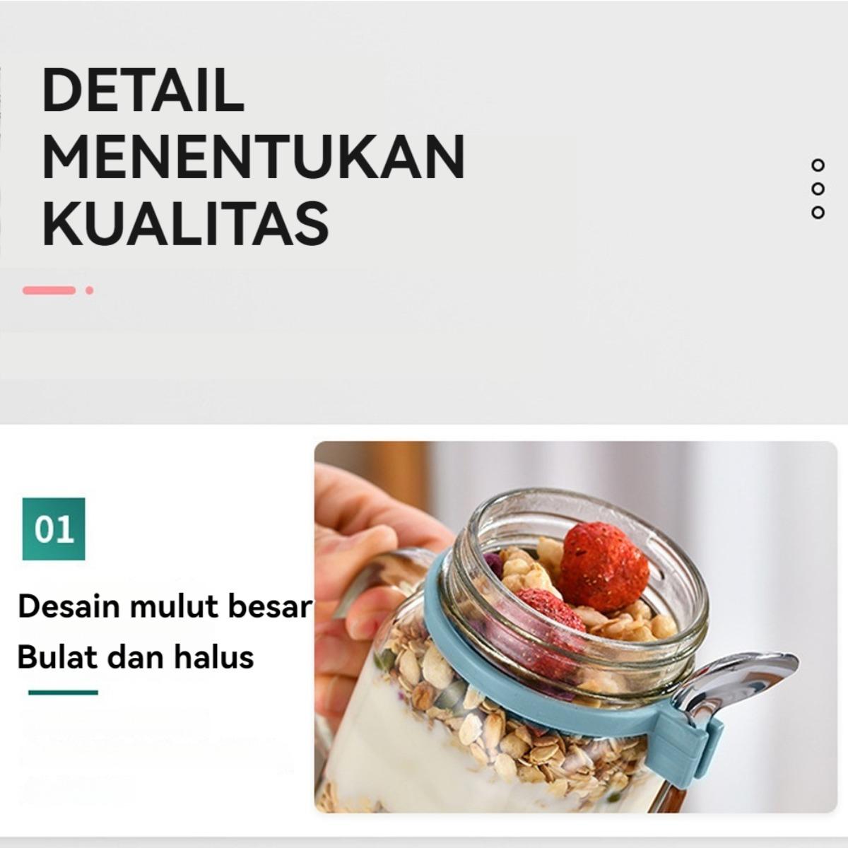 Gelas Oatmeal Kecil dengan Tutup & Sendok - Alat Sarapan Sehat, Wadah Yogurt, Cangkir Kopi, Botol Mason Jar, Tempat Bekal Kreatif untuk Salad, Susu, dan Minuman Secara Ringkas