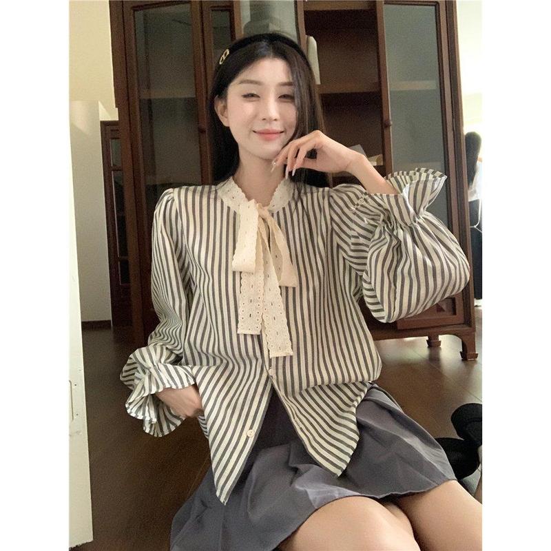 Áo Sơ Mi Dài Tay Kẻ Sọc Buộc Dây Nơ, Dành Cho Nữ, Thời Trang Phong Cách Hàn Quốc Mới Đầu Thu, Dáng Rộng Vừa Vặn, Áo Sơ Mi Độc Đáo Hợp Xu hướng Top Women Shirt Cổ Tròn 6