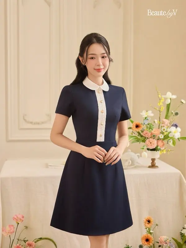 BEAUTEBYV - Váy nữ dáng A phối cổ sen trắng đính cúc giả trang trí Hazel 1