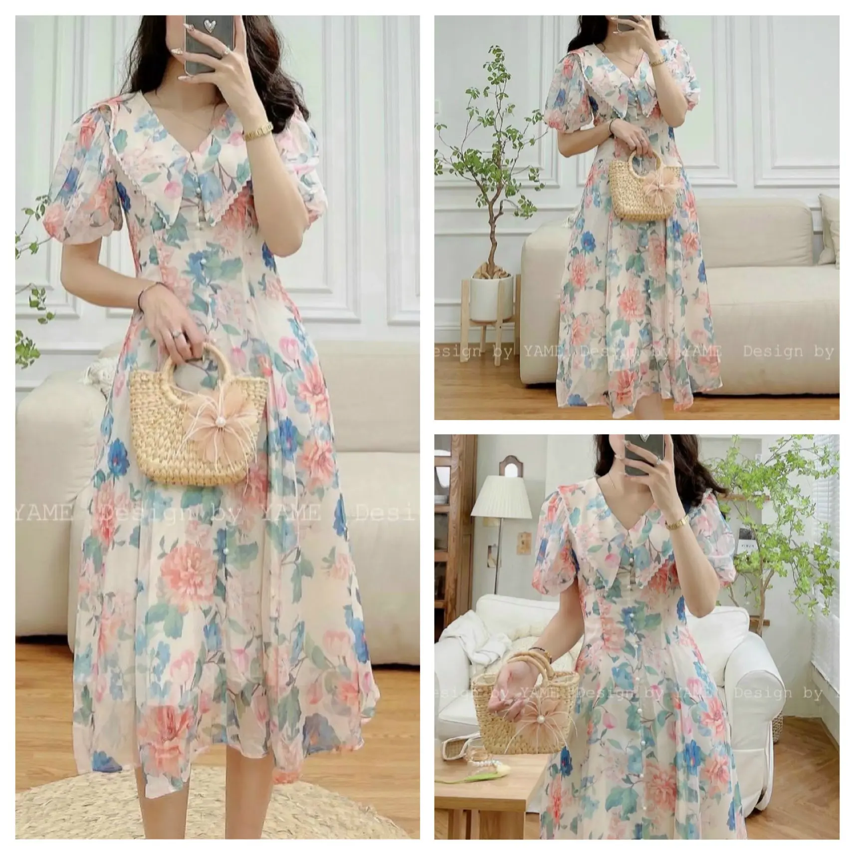 Đầm Voan hoa đính ngọc dễ thương, form thiết kế, xinh xắn, Các nàng đi dự tiệc, đi chơi, du lịch, thoải mái, thời trang nữ. Women Dress