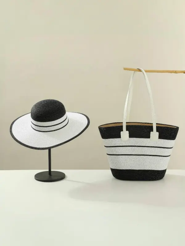 Women's Fashionable Bohemian Straw Bag & Wide Brim Hat, Casual Versatile Sun Hat & Large Capacity Bag Set, Retro Simple and Versatile, Suitable for Daily Travel, Summer Beach Vacation, Versatile Shoulder Bags 5