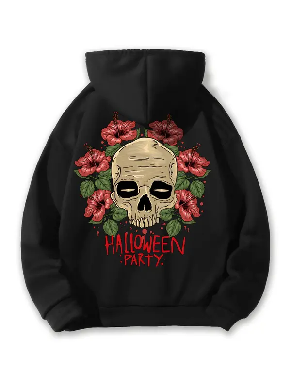 Men's Skull & Floral Print Drop Shoulder Thermal Lined Hoodie, Fashion Casual Drawstring Pocket Hooded Sweatshirt for Daily Holiday Outdoor Wear, Men Clothes for Fall & Winter 1