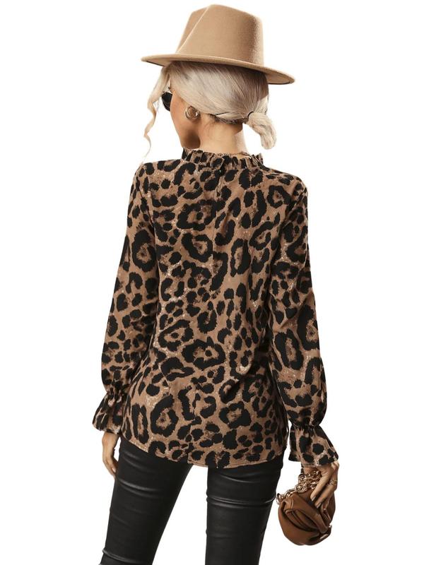 Women's Leopard Print Mock Neck Blouse, Elegant Long Sleeve Top for Spring & Fall, Women's Clothing for Daily Wear 1