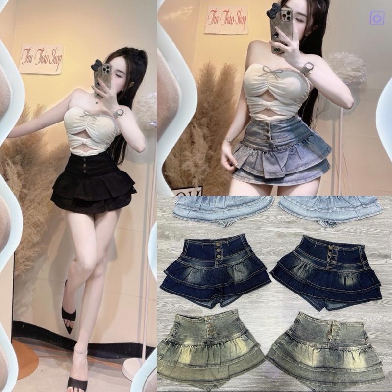 CHÂN VÁY JEAN XOÈ XẾP LY 3 TẦNG 3 CÚT CÓ KÈM QUẦN TRONG ( JEAN CO GIÃN ) Nữ