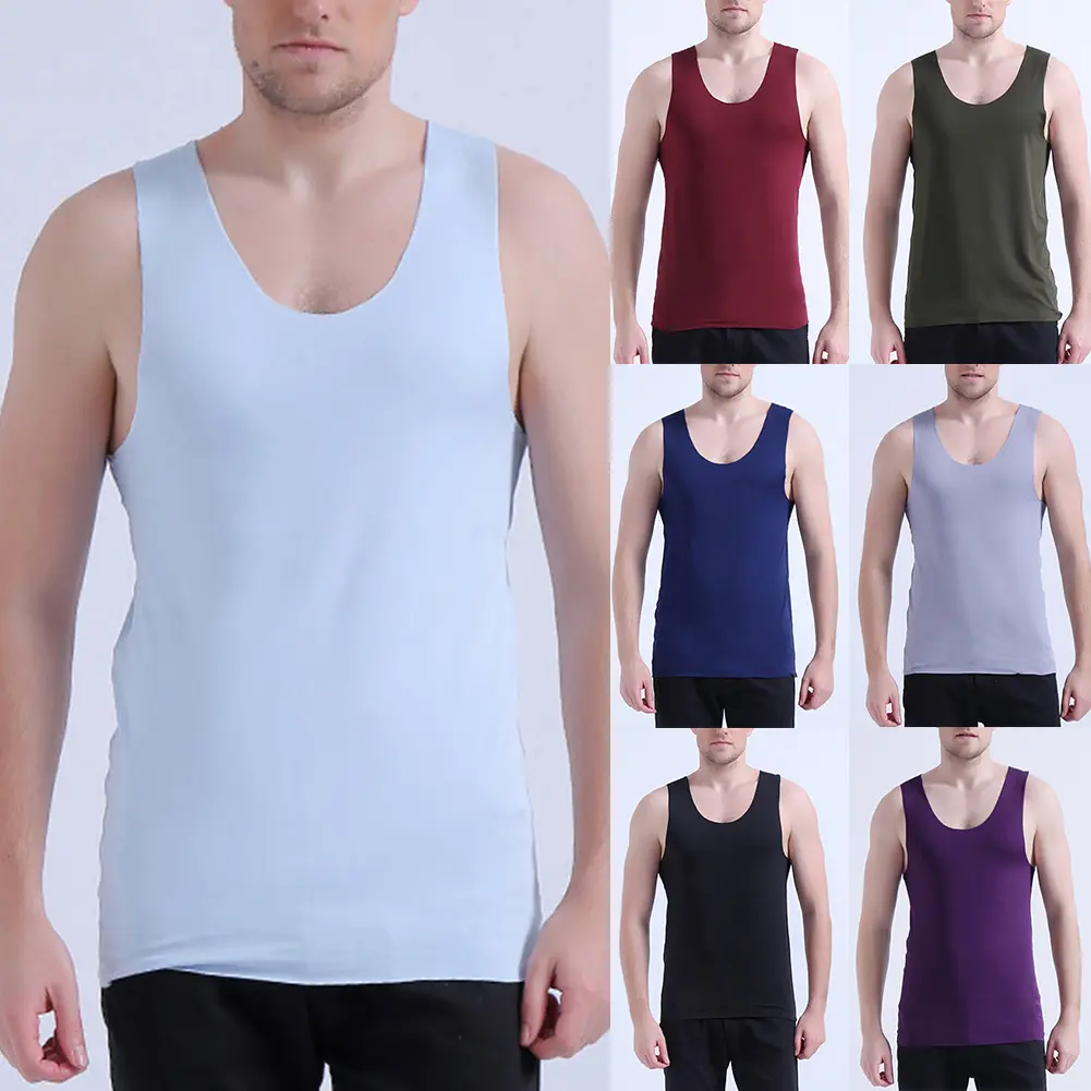 [MEI] Men Low-cut Neck Sleeveless Solid Color Seamless Cotton T-shirt Fitness Vest