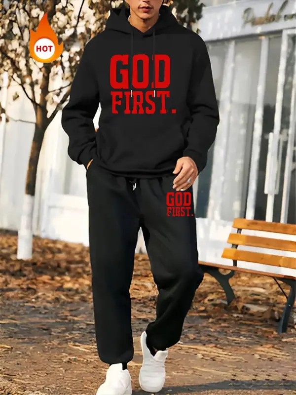 Men's Letter Print Hooded Sweatshirt & Drawstring Waist Sweatpants Two-piece Set, Casual Long Sleeve Hoodie & Pocket Jogger Pants for Fall & Winter, Men's Clothes for Daily Wear 0