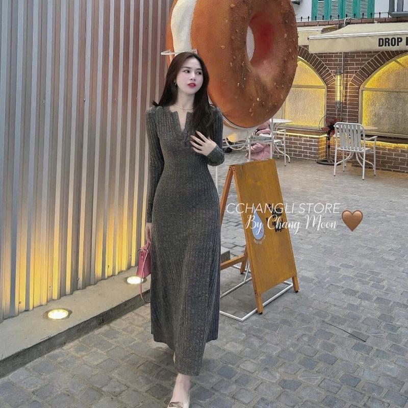 Đầm thun gân đũa tay dài đính nút đủ màu 4