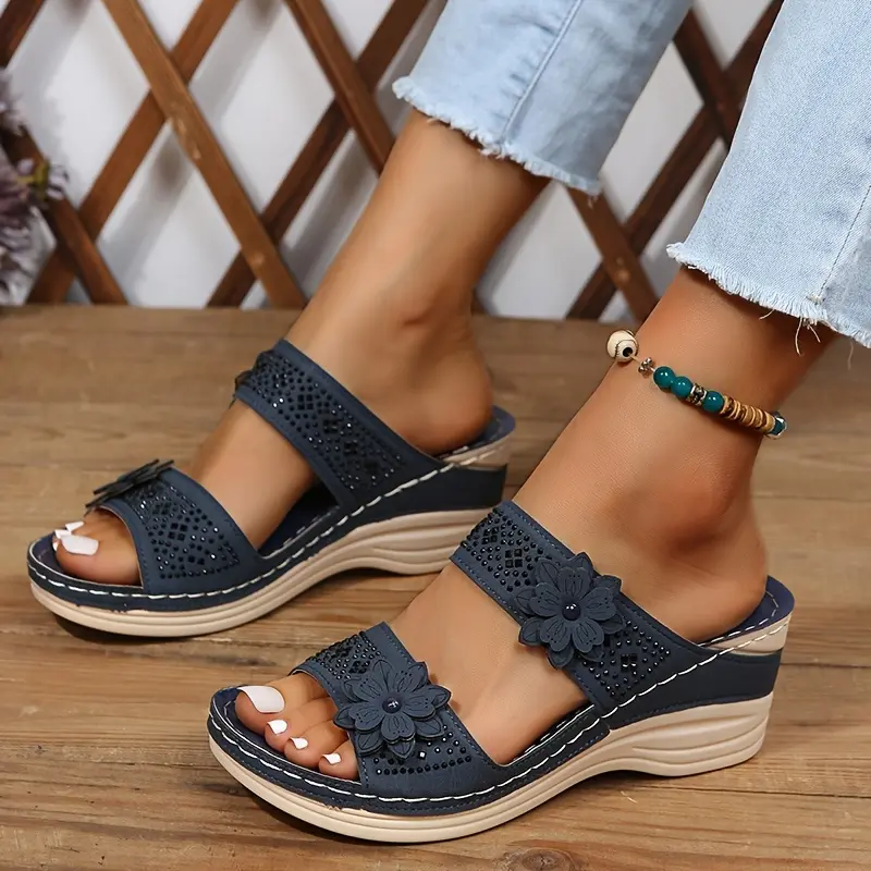 Women's Flower & Wedge Slippers, Solid Color Open Toe Non Slip Arch Support Slides Shoes, Casual Retro Sandals