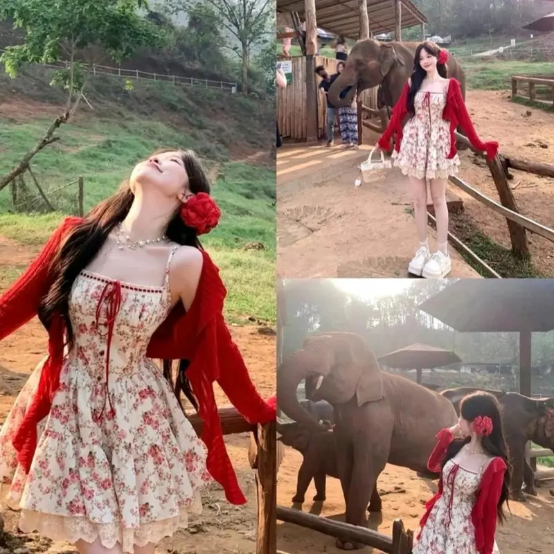 Sét váy 2 dây tiểu thư họa tiết hoa lá phối ren kèm áo khoác bèo dễ thương đi du lịch Đà Lạt,đi biển, chụp hình , sống ảo  siêu xinh cho nữ - Women 0