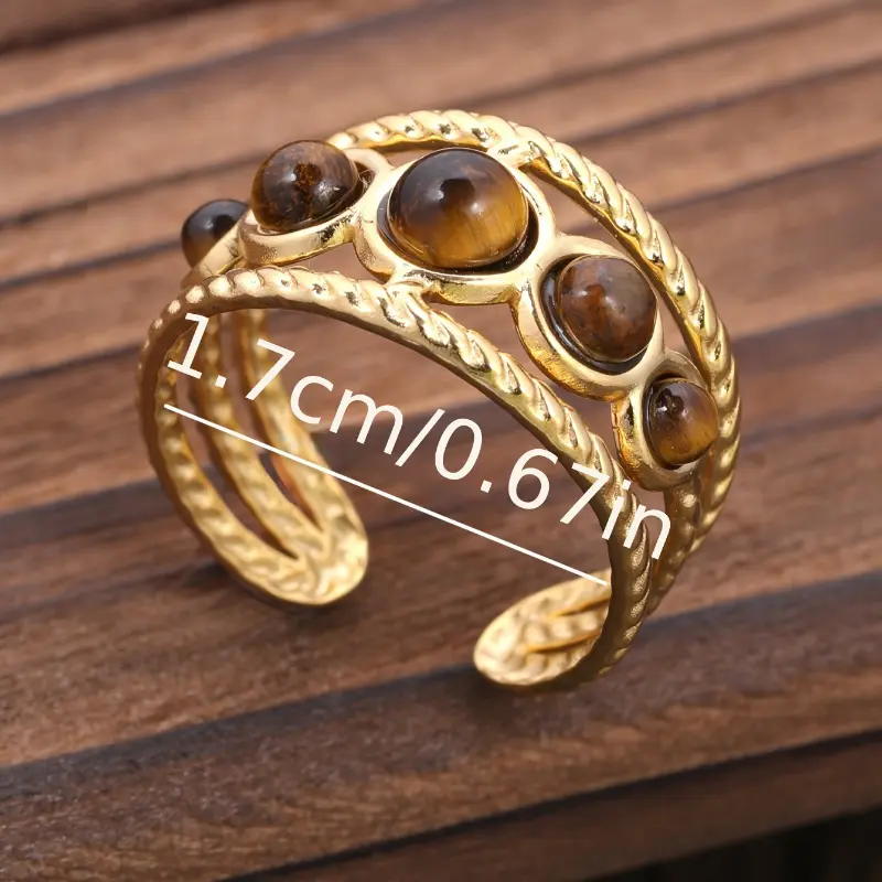 Round Hollow Ring With An Opening Adjustment Set Natural Stone Stainless Steel Golden Simple Palace Style Gift Banquet Jewelry Light Luxury Ring 3