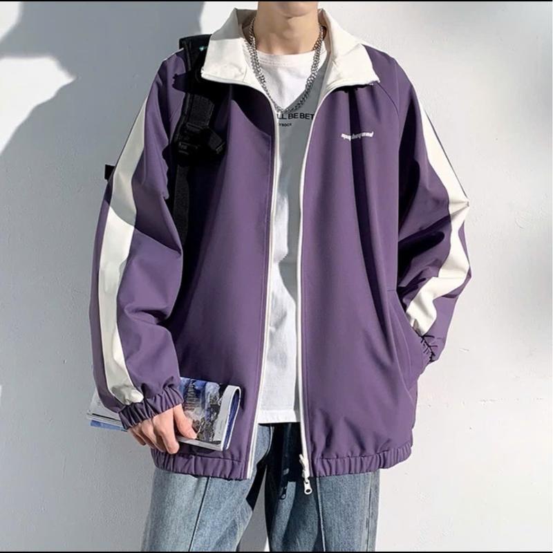 Jacket áo khoác gió 4 màu 2 lớp 1 mặt dành cho cả nam và nữ in chữ, sọc đứng, 4 mùa, túi có khóa, Menswear 2