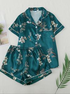 二点セット女性の花柄ポケットソフトサテンパジャマセット、夏服女性、カジュアルボタンフロントトップ&弾性ウエストショーツ、夏の女性のスリープウェア