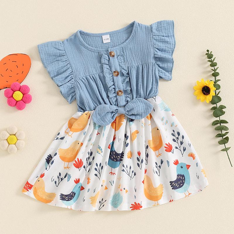 Product Introduction of Girls A-line Dress, Fly Sleeve Crew Neck Bow Chicken Print Casual Dress Summer Dress 47