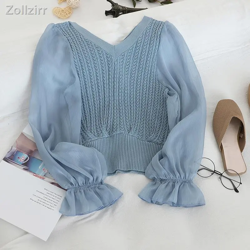 T Shirt Wanita Rajutan Chiffon Top Longgar Lentera Lengan Chiffon Dijahit Atas V-Neck cardigan  korea maudy  sweater 5