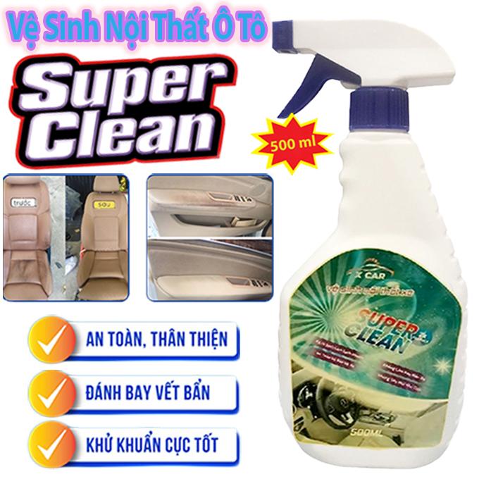Chai Xịt Vệ Sinh Nội Ngoại Thất Ô Tô Super Clean 500ml, Làm Sạch Khử Mùi Kính, Ghế Da Nỉ Xe Hơi - Kèm Khăn Lau
