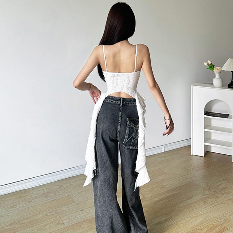 Áo Yếm Cho Nữ, Trang Trí Kim Loại Rách, Viền Xù, Không Tay, Hở Lưng, Áo Ba Lỗ, Áo Vest Mùa Hè 6