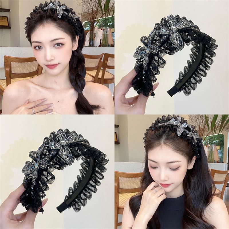 Băng Đô Rộng Vành, Thiết Kế Hình Bướm Đính Kim Sa, Giá Cả Phải Chăng, Phong Cách Sang Trọng, Chống Trượt, Thích Hợp Để Cắt Tóc, Băng Đô Xếp Ly Kim Sa Quy Mô Nữ Women Kim Tuyến Thun Phụ Kiện Khuyên Tai