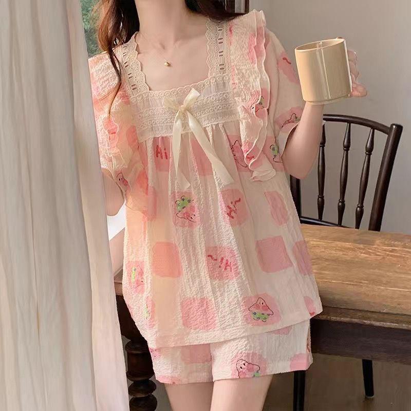 Product Introduction of Bộ đồ ngủ bằng vải bông mùa hè của phụ nữ Dễ thương Patrick Ngôi sao ngắn tay ren trang trí bong bóng Nếp nhăn Mục vụ Loungewear hai mảnh Áo 19