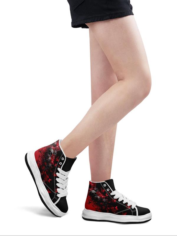 Women's Floral & Skull Print Lace Up High Top Canvas Sneakers, Fashionable Skull Pattern Shoes for Daily Wear, Casual Comfortable Sports Shoes for Women & Girls 8