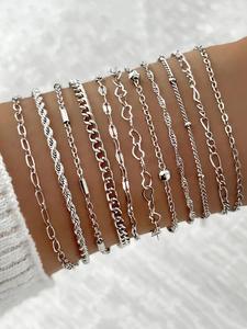 Set de Pulseras de Eslabones con Diseño Simple de Corazón y Cadena, Joyería Casual para Mujer, Joyería Sencilla para Fiesta, Decoración Diaria de Ropa, Joyería de Moda y Exquisita Combinable con Todo para Regalo de Cumpleaños