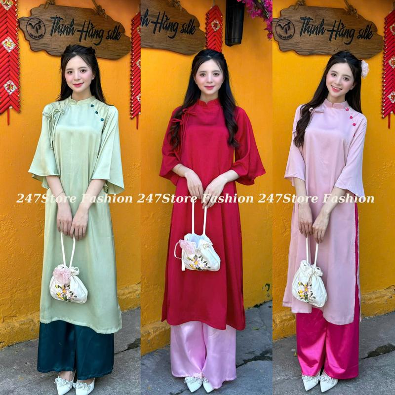 Áo Dài Lụa Trơn Phối Nơ Cách Điệu Áo Đính Cúc Dáng Suông Kèm Quần Nhiều Màu Mặc Đi Chơi Lễ Tết A012 - Nữ - Women -  Dress