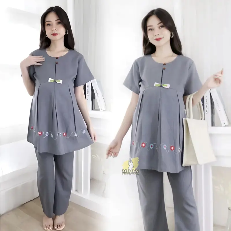 Baju Bumil Setelan Hamil & Menyusui Kekinian / Baju Lengan Pendek & Celana Panjang Untuk Ibu Hamil Bahan Katun 0