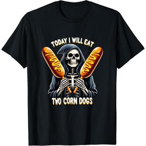 Camiseta negra con diseño abstracto 2D – estilo urbano alternativo, ideal para hombre y mujerQiyigs Today I Will Eat Two Corn Dogs Skeleton Meme - Camiseta divertida de moda