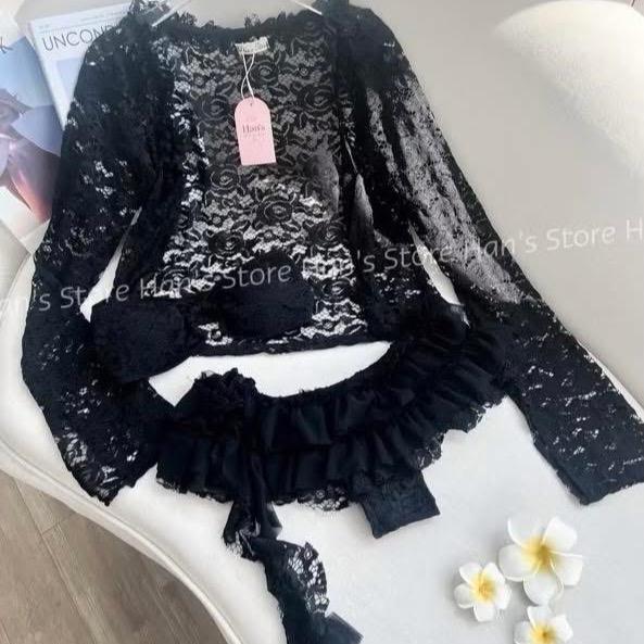 Sét bikini ren thiết kế gồm áo bikini(có mút)+ chân váy(có quần)+áo khoác ren 3