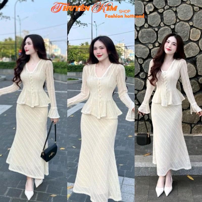  Sét váy nữ mặc đi chơi biển đi làm Áo ren len lỗ cổ V đính ngọc chân váy đuôi cá dài kèm áo lót trong 2 dây dáng xinh tiểu thư  khách vui lòng không cắt chỉ thừa xổ ren lỗ ạ  