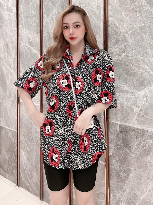 Set quần ngố somi quần lưng thun co giãn free size < 60kg Nữ Women Áo Top Voi Polo