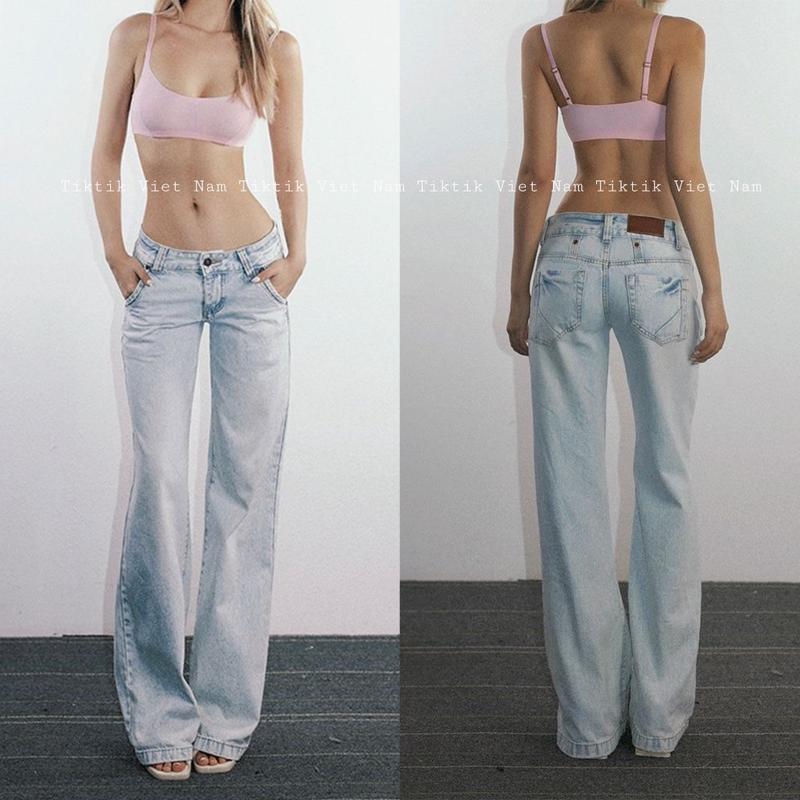  Quần jean nữ ống suông cạp trễ ngắn màu xanh nhạt trơn cơ bản tôn dáng phong cách y2k qjct002 - Tiktik 